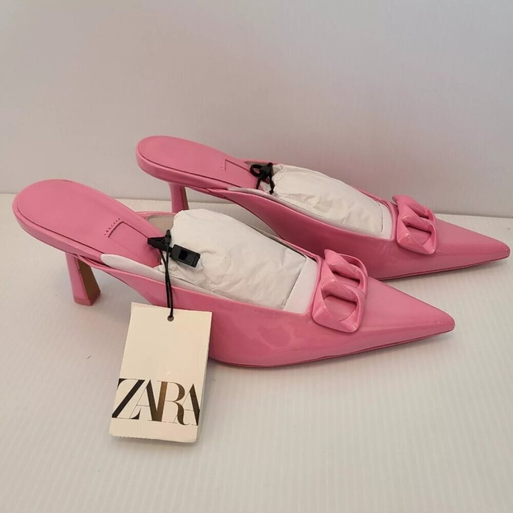 zara CHAIN DETAIL HEELED MULES shoes Size 6.5 24.0 cm  US pink patent 1263/910/0